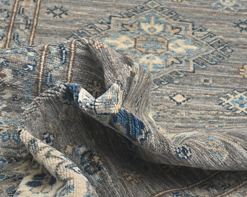 13 Ft Gray Kazak Afghan Hand Knotted Geometric Wool Runner Rug